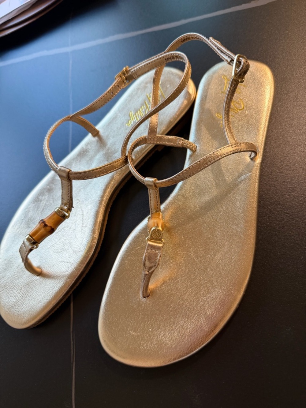 Lilly Pulitzer Gold T-Strap Sandals - Picture 2 of 11